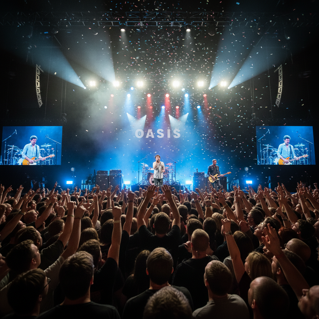 La band Oasis si esibisce su un grande palco illuminato di blu e rosso, con coriandoli che cadono sul pubblico festante in basso.
