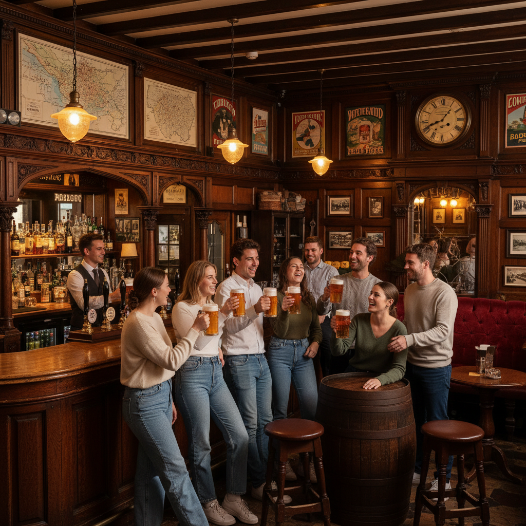 Un gruppo di amici ride e brinda con boccali di birra in un pub tradizionale con interni in legno scuro.