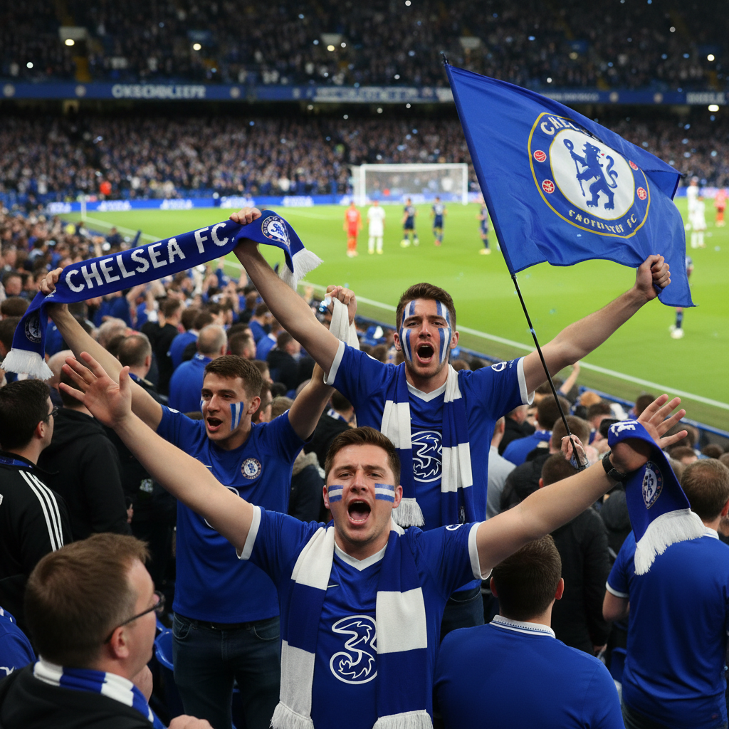 Tifosi del Chelsea esultano allo stadio con bandiere, sciarpe e il volto dipinto di blu.
