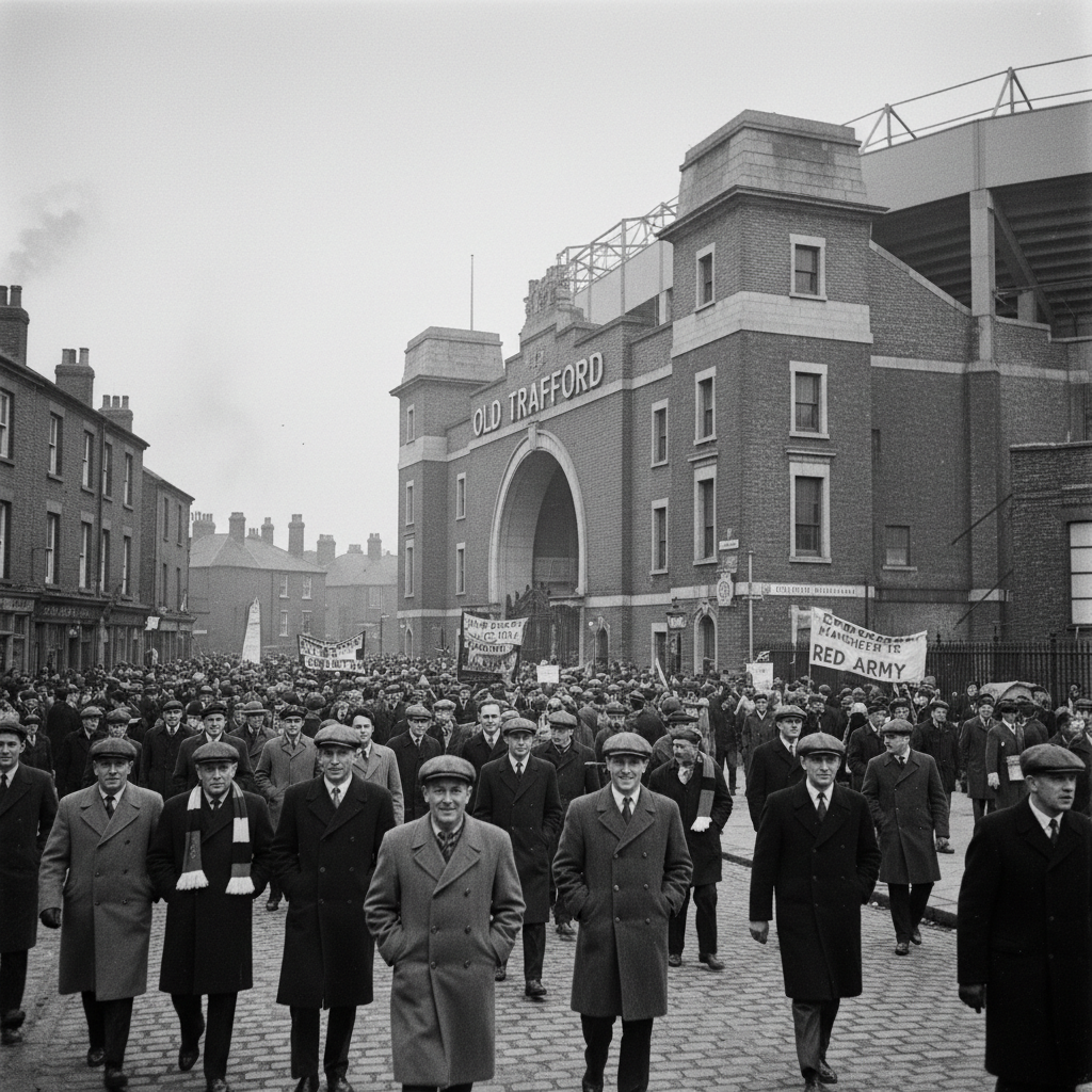 Una grande folla di tifosi con cappotti e cappelli sfila in una strada acciottolata davanti allo stadio Old Trafford.