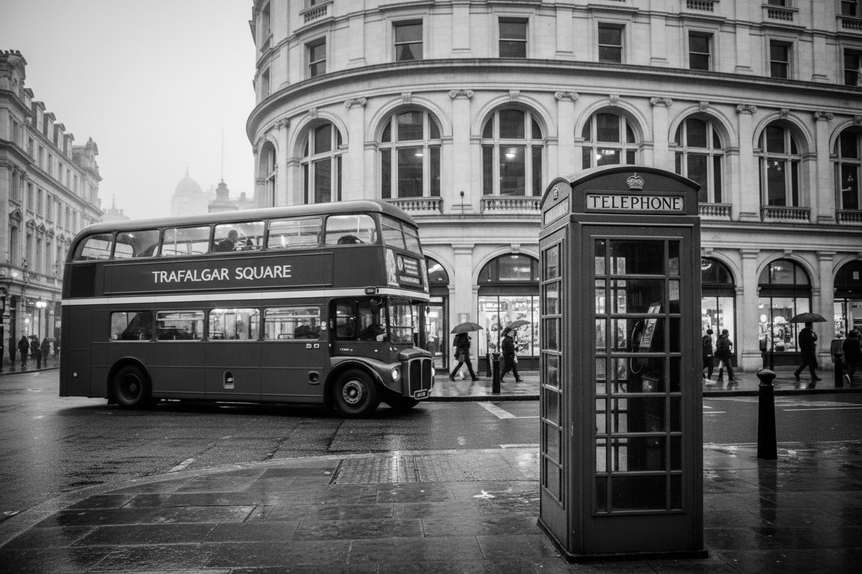 Una tipica cabina telefonica rossa in primo piano a Londra, con un autobus a due piani e passanti sullo sfondo in una giornata piovosa.