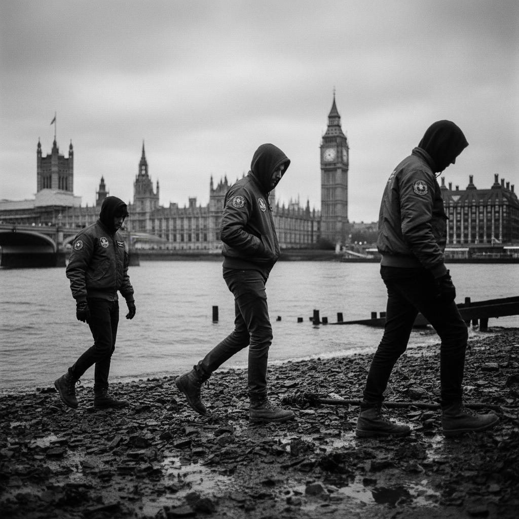 Tre persone con giacche con cappuccio camminano lungo la riva ciottolosa del Tamigi a Londra, con il Parlamento e il Big Ben sullo sfondo.